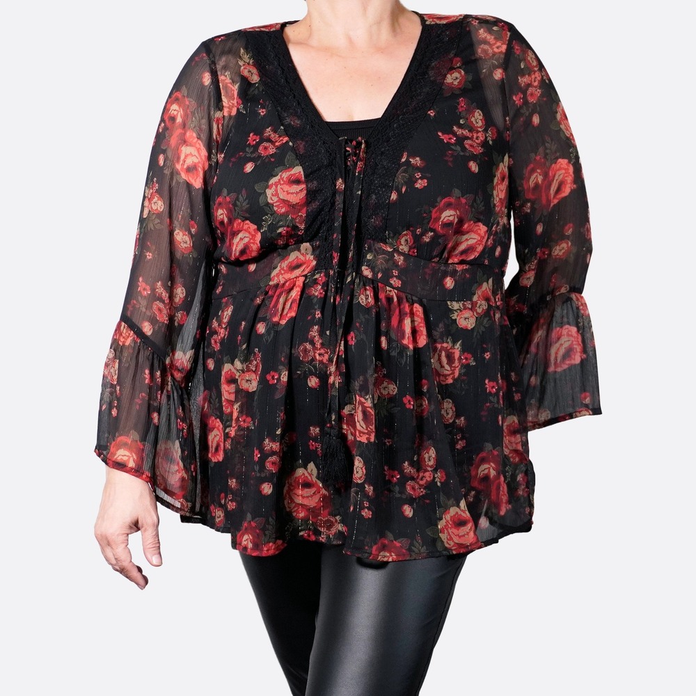 Torrid Black Floral Chiffon Babydoll Blouse Lace Metallic Peplum Top Plus 1X XXL